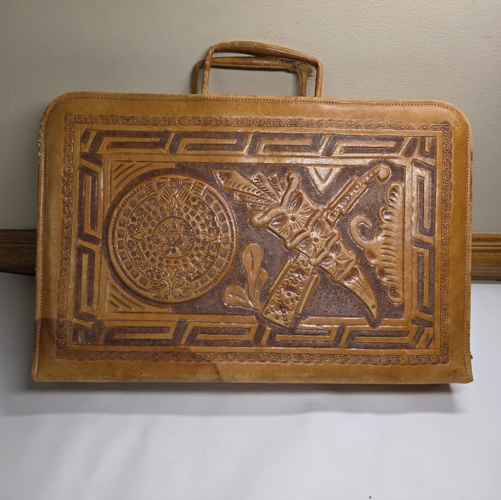 Vintage Mexico Artmex Leather Tooled Aztec Briefcase